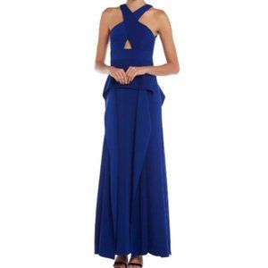 Issue New York Cascading Peplum Keyhole Front Halter Gown Blue Size XS NWT
